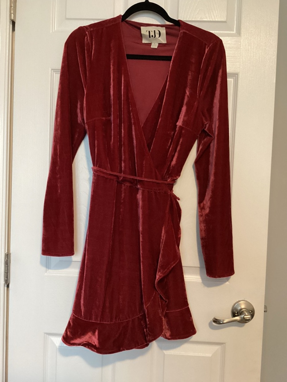 Velvet Wrap Long-Sleeve Dress in Wine Red